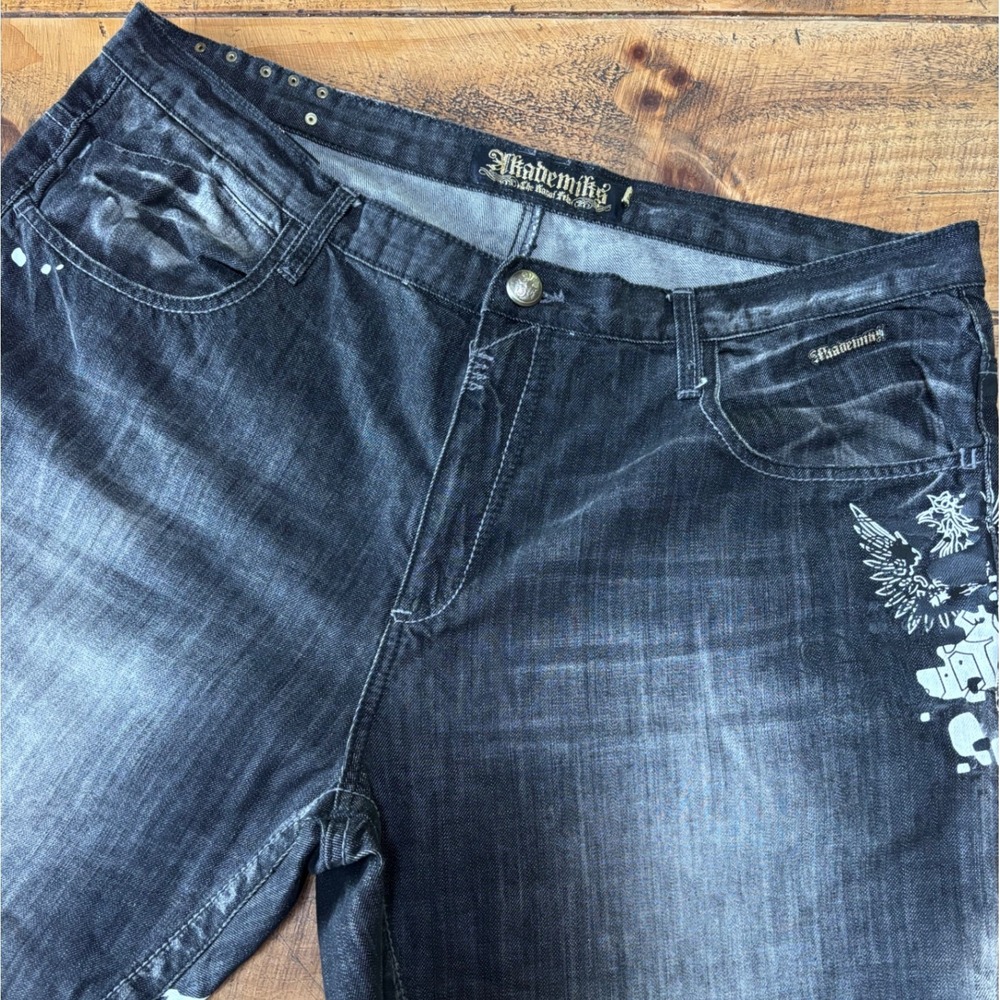 VTG Y2K Akademiks Mens Black Graphic Art Embellished Grunge Denim Jeans Size 42